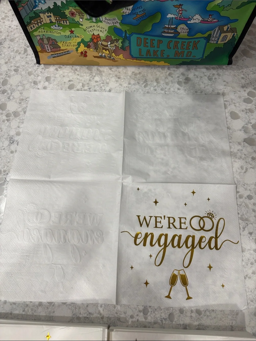 New set of 75 “We’re Engaged” gold foil print 6.5” x 6.5” white napkins 3-ply